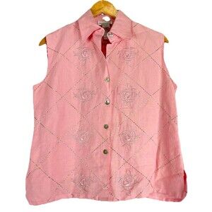 Rene Margo Embroidered Sleeveless Blouse Pink Ramie Rayon Size S